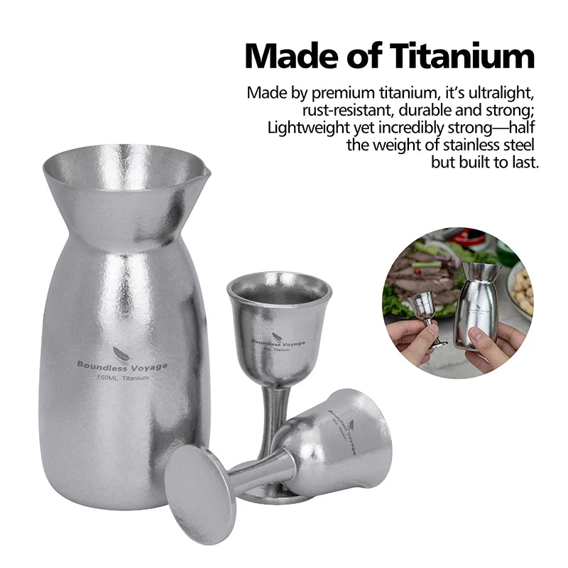 Boundless Voyage Titanium Sake Set 150ml Lightweight Carafe & 2 Cups for Sake, Soju, Wine | Portable Drinkware Gift Ti3266D