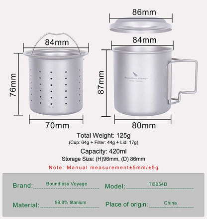 Boundless Voyage 420ml Titanium Mug with Strainer & Lid Lightweight Camping Single Layer Tea Cup with Filter Outdoor Drinkware Ti3054D