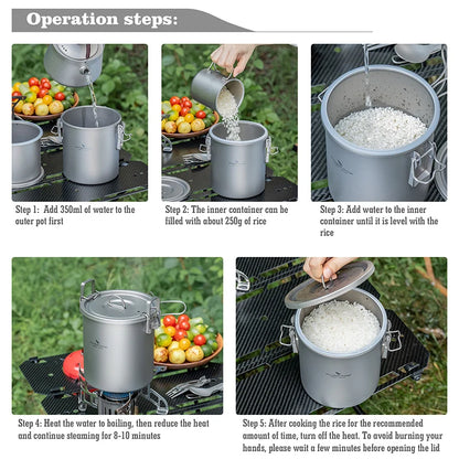 Boundless Voyage Titanium Cook Set – 1.4L Outer Pot + 0.9L Inner Pot, Steamer, Foldable Handles Ti2093C