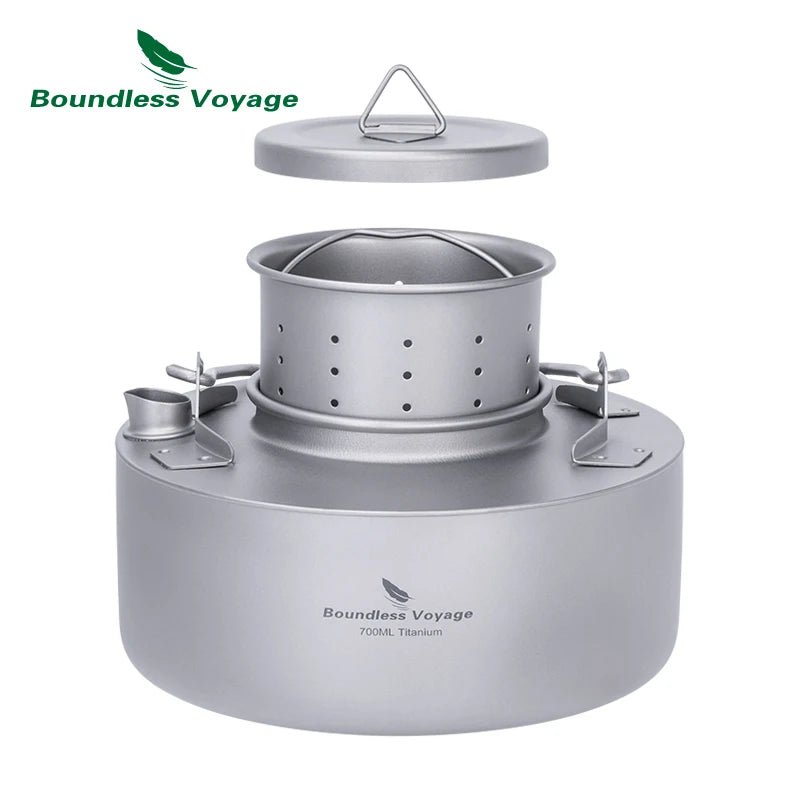Boundless Voyage Titanium Camping Kettle – 700ml, Foldable Handle, Mesh Filter, Fast Boiling Ti3104D