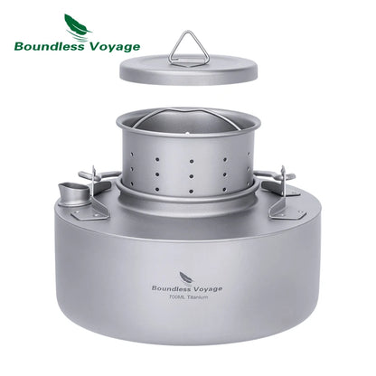 Boundless Voyage Titanium Camping Kettle – 700ml, Foldable Handle, Mesh Filter, Fast Boiling Ti3104D