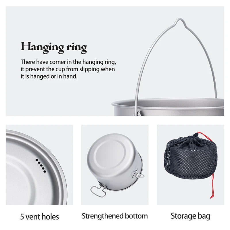 Boundless Voyage Titanium Pot Camping Cookware Hanging Soup Pot with Lid Outdoor Cooking Kit Lightweight Kitchen Ware Tableware Ti2045C