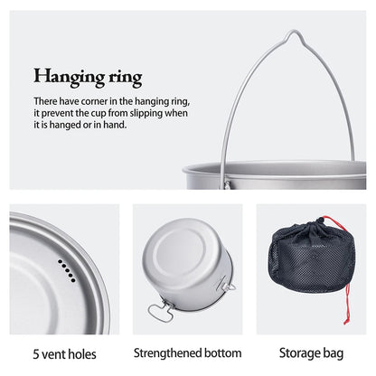 Boundless Voyage Titanium Pot Camping Cookware Hanging Soup Pot with Lid Outdoor Cooking Kit Lightweight Kitchen Ware Tableware Ti2045C