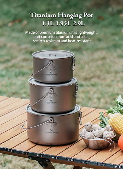 Boundless Voyage Titanium Pot Camping Cookware Hanging Soup Pot with Lid Outdoor Cooking Kit Lightweight Kitchen Ware Tableware Ti2045C
