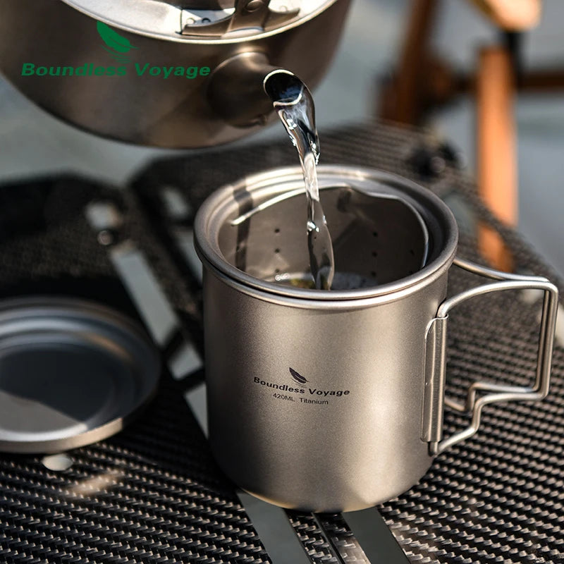 Boundless Voyage 420ml Titanium Mug with Strainer & Lid Lightweight Camping Single Layer Tea Cup with Filter Outdoor Drinkware Ti3054D