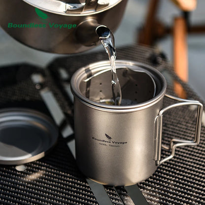 Boundless Voyage 420ml Titanium Mug with Strainer & Lid Lightweight Camping Single Layer Tea Cup with Filter Outdoor Drinkware Ti3054D