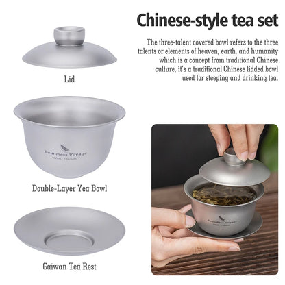 Boundless Voyage 100ml Titanium Gaiwan Traditional Chinese Kung Fu Tea Set with Lid Heat-Resistant Double-Walled Tea Bowl
