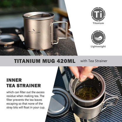 Boundless Voyage 420ml Titanium Mug with Strainer & Lid Lightweight Camping Single Layer Tea Cup with Filter Outdoor Drinkware Ti3054D