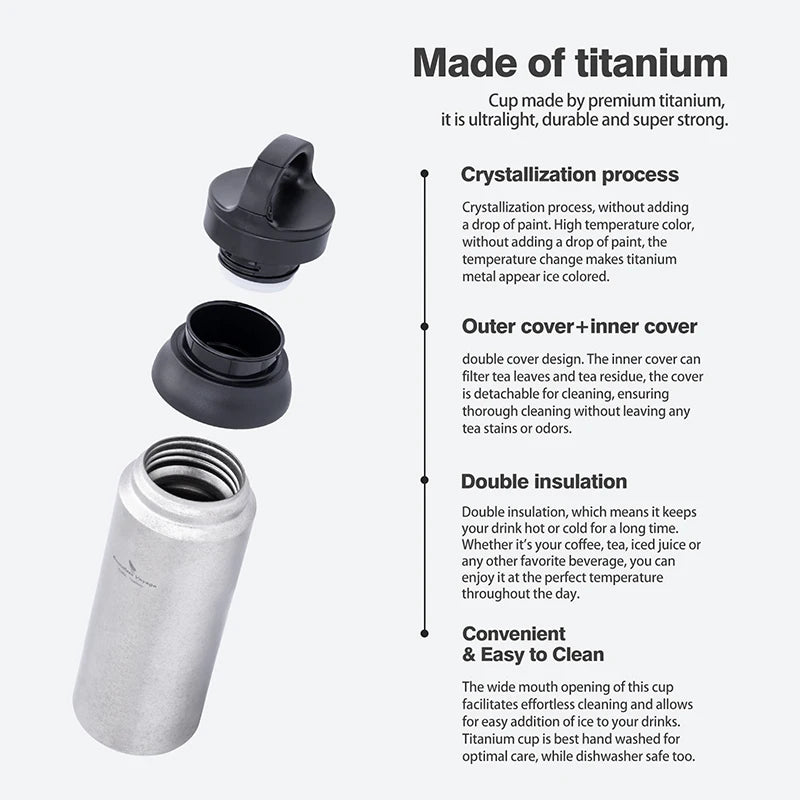 Boundless Voyage 600ml Titanium Vacuum Flask Double-Walled Insulated Bottle Reusable Travel Keeping Hot & Cold Coffee Tea Cup Ti3010D