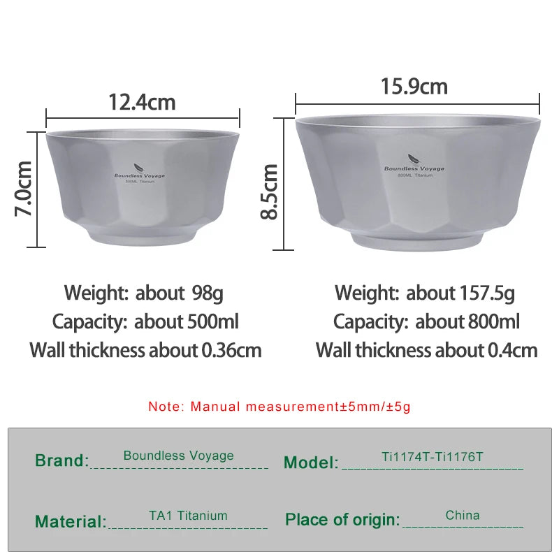 Boundless Voyage 500ml/800ml Double Walled Titanium Bowls Camping Bowl Lightweight Druable Hiking Utensil for Outdoor Dining Ti1174T