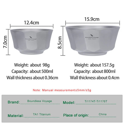 Boundless Voyage 500ml/800ml Double Walled Titanium Bowls Camping Bowl Lightweight Druable Hiking Utensil for Outdoor Dining Ti1174T