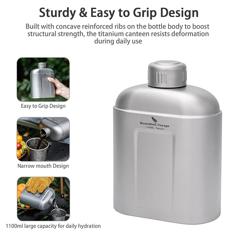 Boundless Voyage 1100ml Pure Titanium Canteen Leakproof Outdoor Water Bottle Ultralight Portable Camping Trekking Flask with Bag Ti3012D