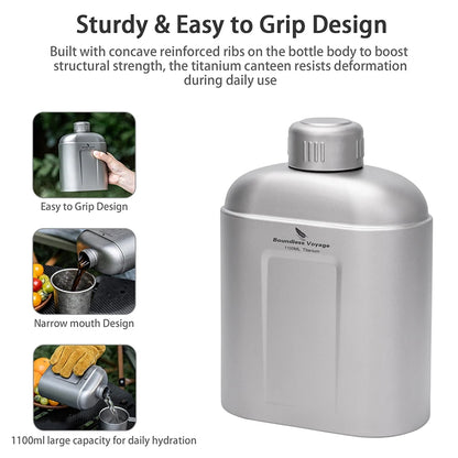 Boundless Voyage 1100ml Pure Titanium Canteen Leakproof Outdoor Water Bottle Ultralight Portable Camping Trekking Flask with Bag Ti3012D
