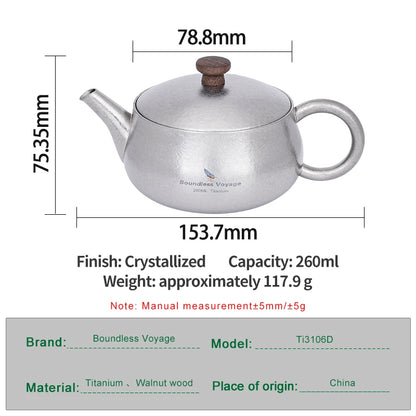Boundless Voyage 260ml Titanium Teapot with Filter, Chinese Kung Fu Tea Set, Lightweight Portable for Camping Office Home Ti3106D