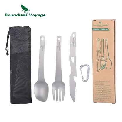 Boundless Voyage Titanium Camping Cutlery Set Ultralight Spoon Fork Knife with Opener Hook Portable Utensil for Outdoor Backpacking Travel Hiking Ti1078T