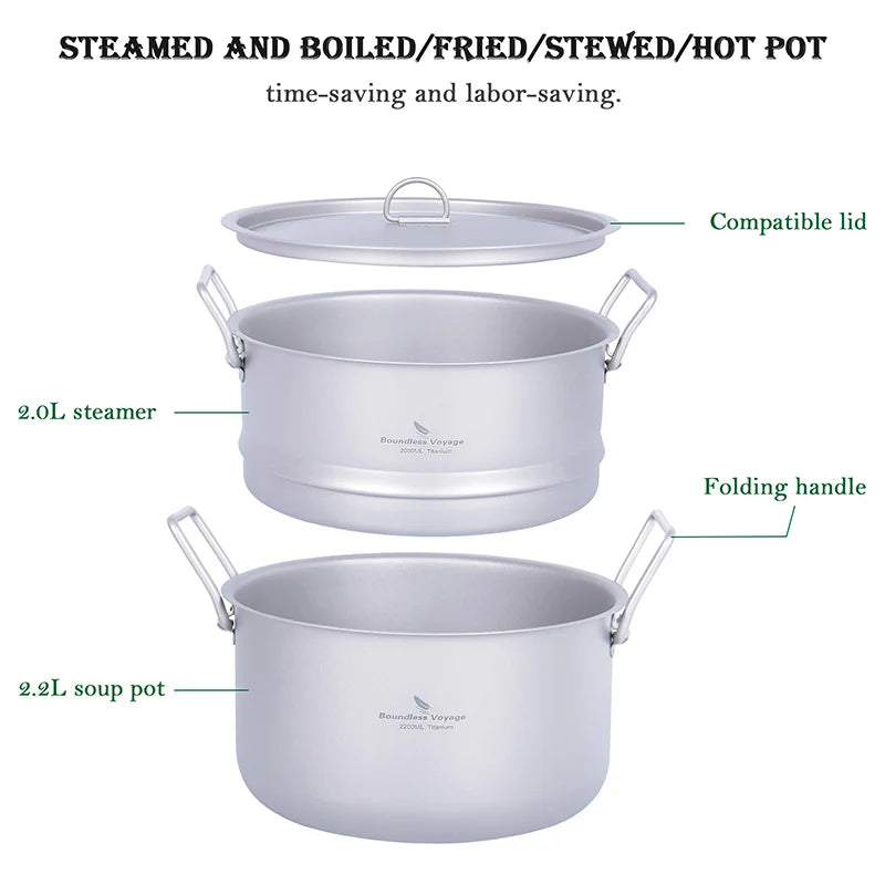 Boundless Voyage Titanium Steam Pot Compact Food Steamer Pan Camping Pot Outdoor Cookware Lightweight Portable Hiking Saucepan
