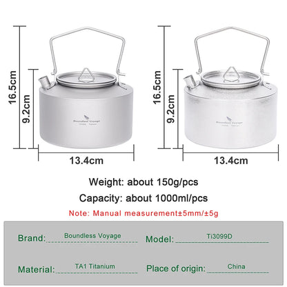 Boundless Voyage 1L Titanium Kettle Ultralight Camping Tea Coffee Pot for Campfire & Stove Backpacking Hiking Outdoor Travel Ti3099D