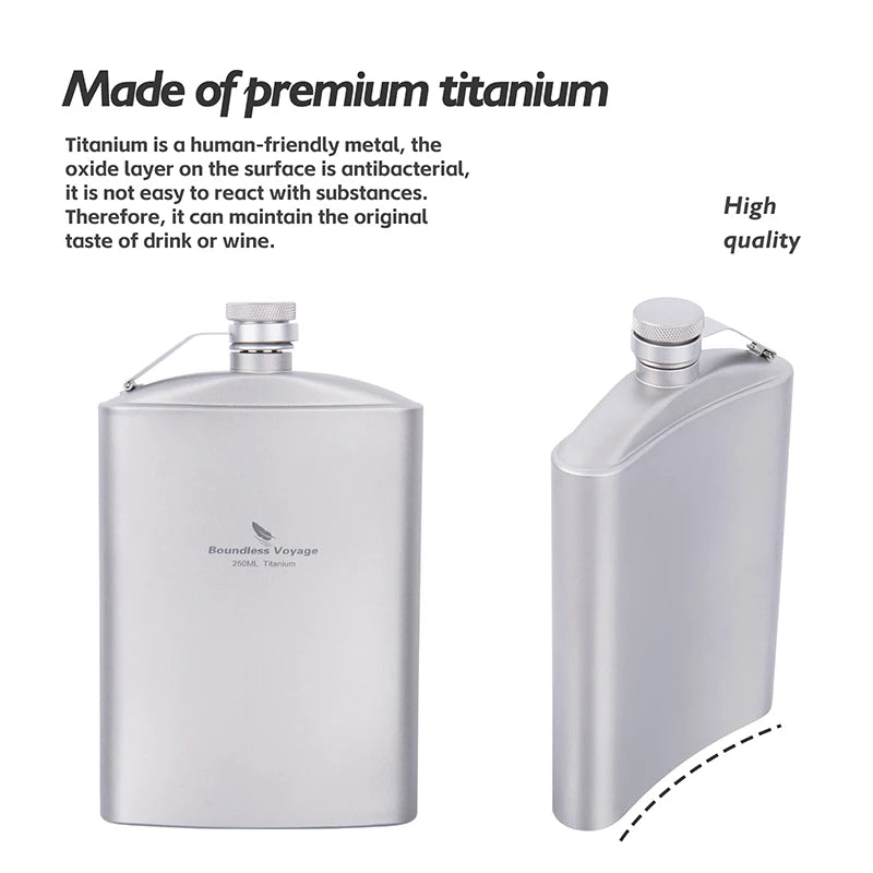 Boundless Voyage 250ml Titanium Hip Flask with Mini Cup & Funnel Camping Backpacking Pocket Whiskey Wine Pot for Men Women Ti3064D