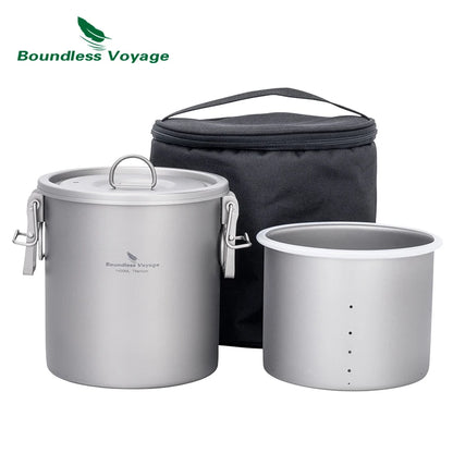 Boundless Voyage Titanium Cook Set – 1.4L Outer Pot + 0.9L Inner Pot, Steamer, Foldable Handles Ti2093C
