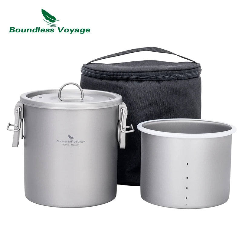 Boundless Voyage Titanium Cook Set – 1.4L Outer Pot + 0.9L Inner Pot, Steamer, Foldable Handles Ti2093C