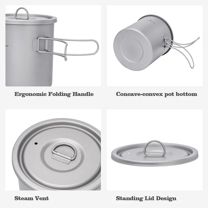 Boundless Voyage Titanium Camping Pot 1400ml Ultralight Backpacking Cookware with Folding Handle & Lid for Outdoor Hiking Travel Ti2060C