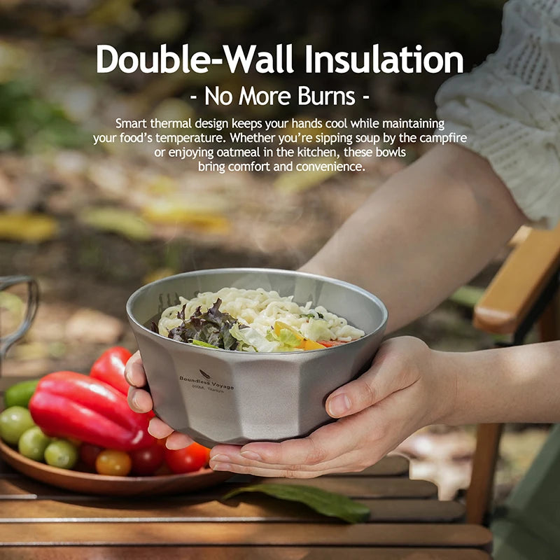 Boundless Voyage 500ml/800ml Double Walled Titanium Bowls Camping Bowl Lightweight Druable Hiking Utensil for Outdoor Dining Ti1174T