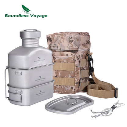 Boundless Voyage Titanium Military Canteen Cups Set 1100ml+750ml+400ml with Lid Chain Camping Cookware Outdoor Cooking Kit