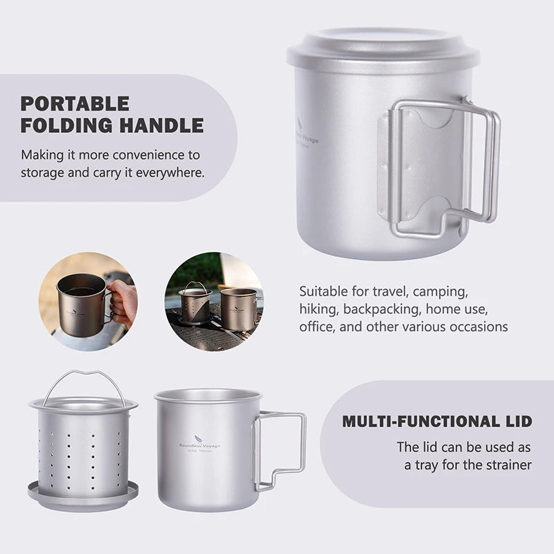 Boundless Voyage 420ml Titanium Mug with Strainer & Lid Lightweight Camping Single Layer Tea Cup with Filter Outdoor Drinkware Ti3054D