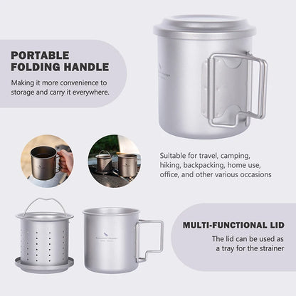 Boundless Voyage 420ml Titanium Mug with Strainer & Lid Lightweight Camping Single Layer Tea Cup with Filter Outdoor Drinkware Ti3054D