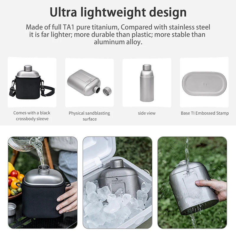 Boundless Voyage 1100ml Pure Titanium Canteen Leakproof Outdoor Water Bottle Ultralight Portable Camping Trekking Flask with Bag Ti3012D
