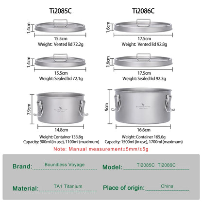 Boundless Voyage Titanium Lunch Box 900ml / 1.5L Leakproof Bento Box with Sealed & Vent Lid Portable Camping Food Container Ti2086C