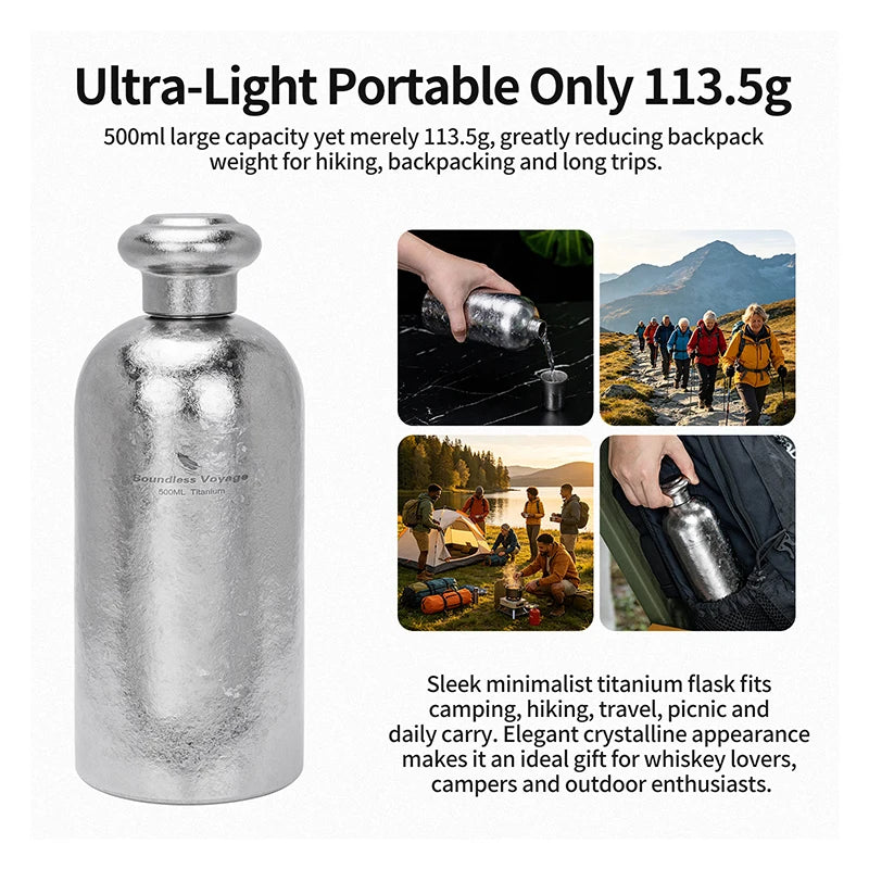 Boundless Voyage 500ml Titanium Flask Leakproof Narrow Mouth Portable Liquor Wine Bottle for Travel Camping Hiking, Non-coating Ti3268A