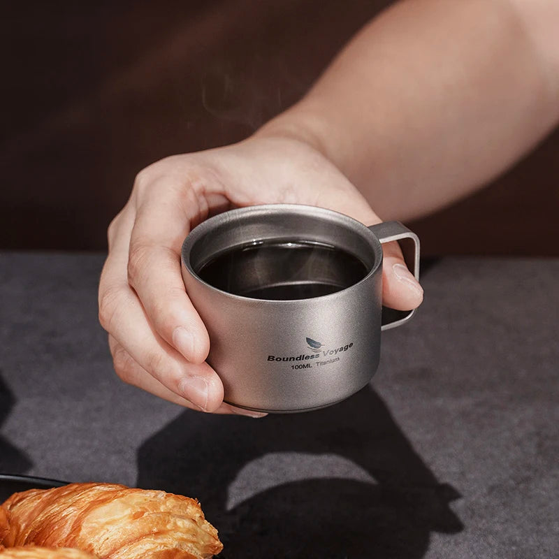 Boundless Voyage Titanium Espresso Cup 100ml Mini Double Wall Tea Coffee Mug Druable Metal Drinkware for Travel Home Office Ti3085D
