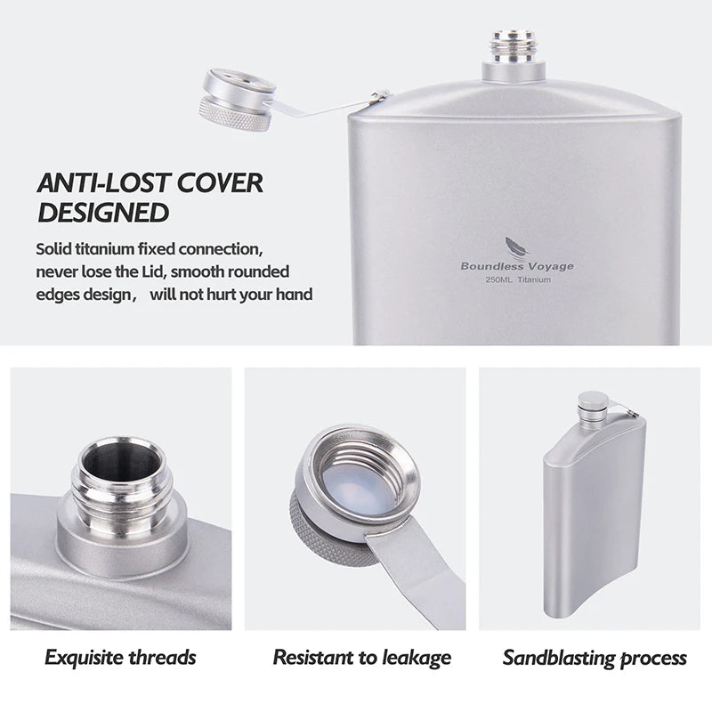 Boundless Voyage 250ml Titanium Hip Flask with Mini Cup & Funnel Camping Backpacking Pocket Whiskey Wine Pot for Men Women Ti3064D