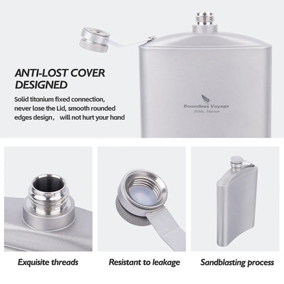 Boundless Voyage 250ml Titanium Hip Flask with Mini Cup & Funnel Camping Backpacking Pocket Whiskey Wine Pot for Men Women Ti3064D