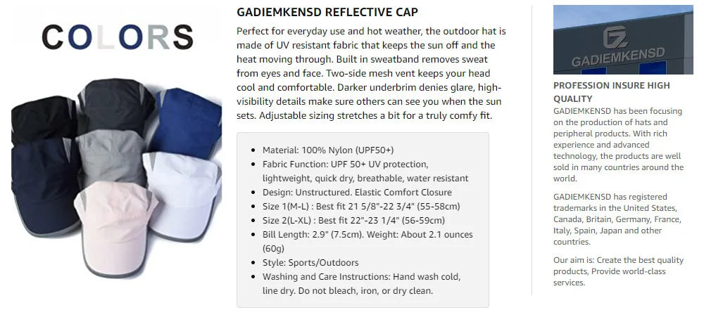 GADIEMKENSD Adjustable Reflective Sports Hat – UPF 50+, Breathable, Quick-Dry M17