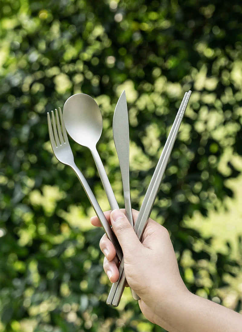 Boundless Voyage Camping Titanium Cutlery Set Long Handle Spoon Fork Knife Chopsticks Uncoated Outdoor Travel Metal Tableware Ti1055T