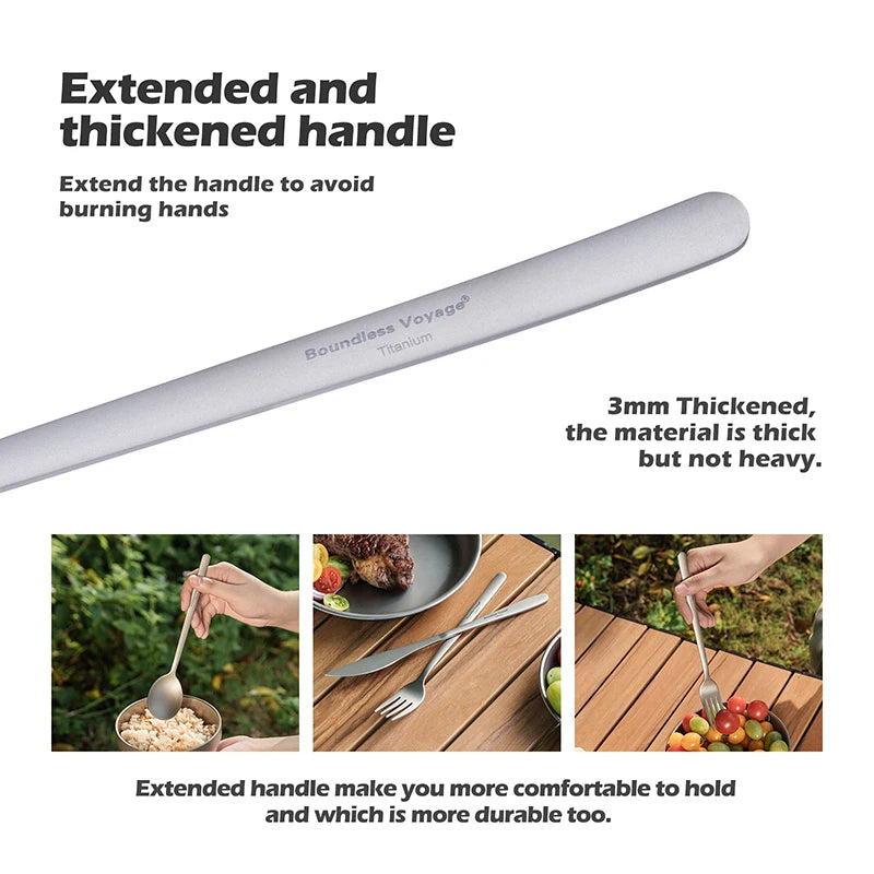 Boundless Voyage Camping Titanium Cutlery Set Long Handle Spoon Fork Knife Chopsticks Uncoated Outdoor Travel Metal Tableware Ti1055T
