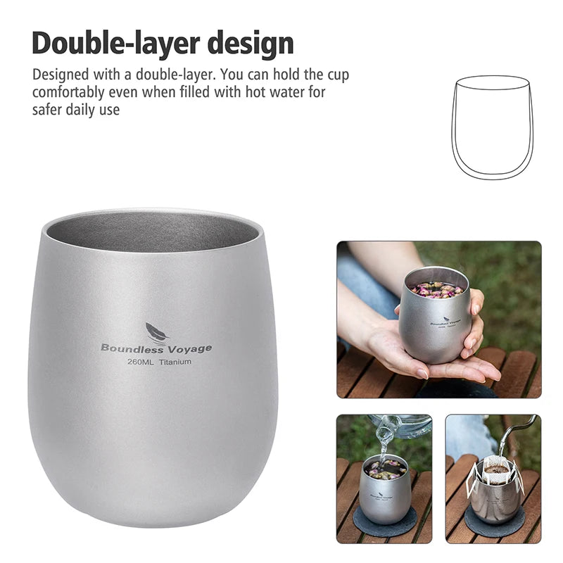Boundless Voyage Pure Titanium Double-Walled Cup Egg Shape Lightweight Portable Coffee Water Mug Outdoor Camping Drinking Cup Ti3084D