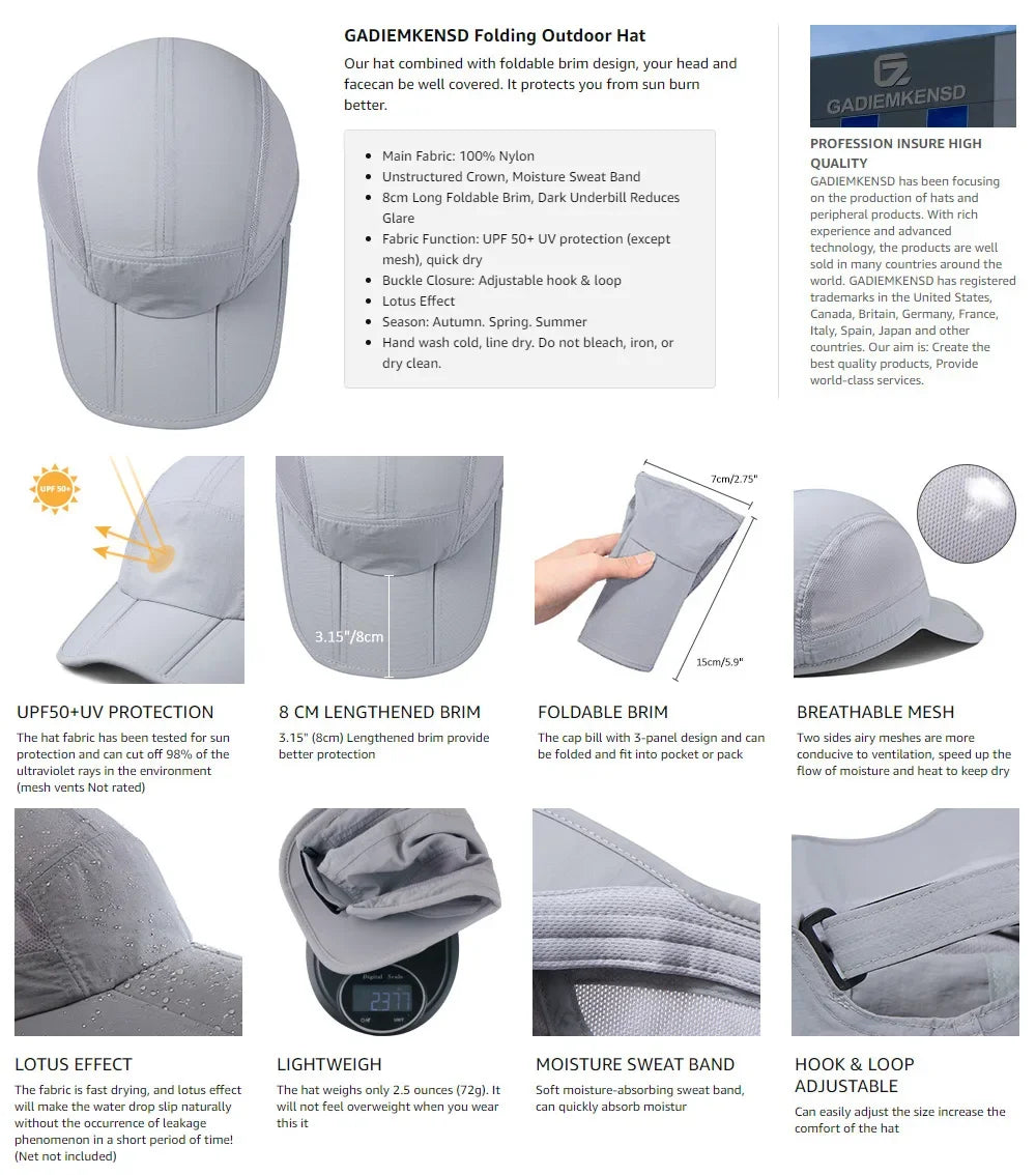 GADIEMKENSD Men Women Folding Climbing Peaked Cap Baseball Cap Outdoor Breathable Camping Hiking Quick Drying Trekking Sun Hat M38