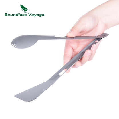 Boundless Voyage Titanium Alloy Multi Tong Spork Shovel Spatula All-In-One Utensil Portable Camping BBQ Cooking Tableware Ti1080T