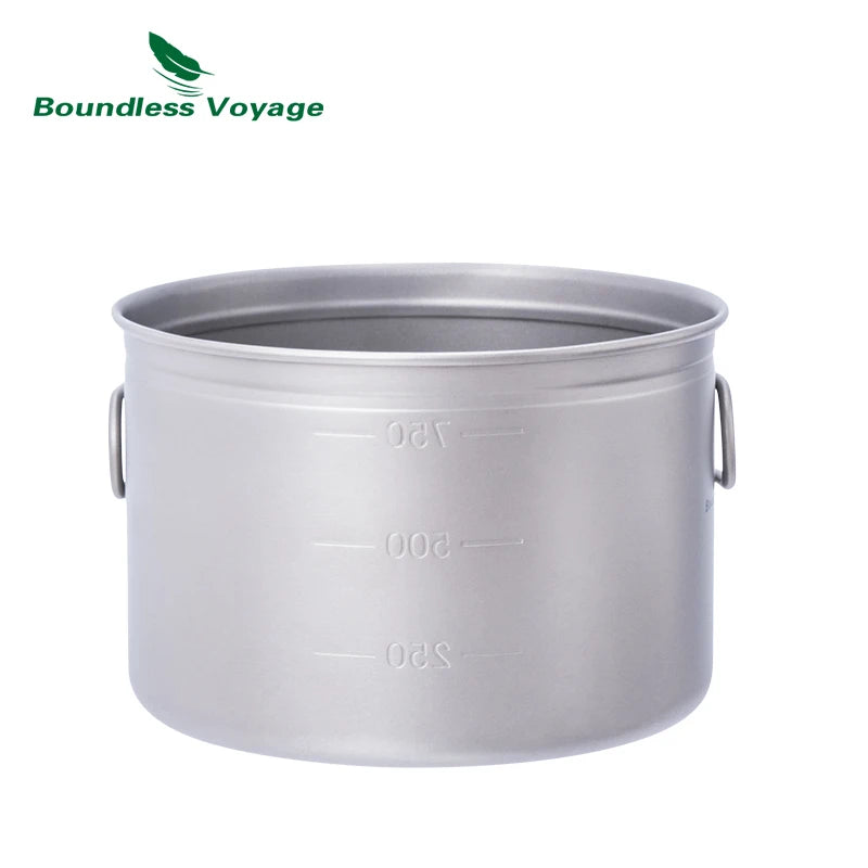 Boundless Voyage Ultralight Titanium Pot Pan Set Camping Cookware Outdoor Cup with Folding Handle Backpacking Travel Cooking Kit Ti2036C