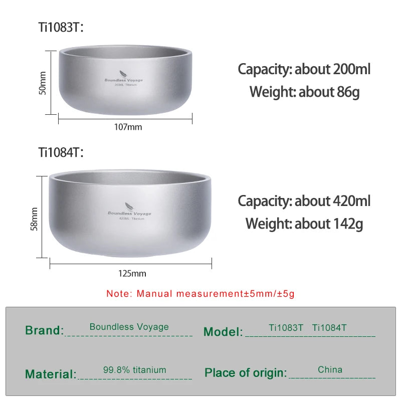 Boundless Voyage Titanium Bowl Set 200ml & 420ml | Lightweight Stackable Camping Bowls for Family | Anti-Scald Outdoor Tableware Ti1084T
