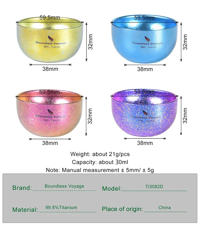Boundless Voyage Titanium Ice Flower Cup – 30ml, Double-Wall, Unique Crystallized Texture, 4 Colors Ti3082D