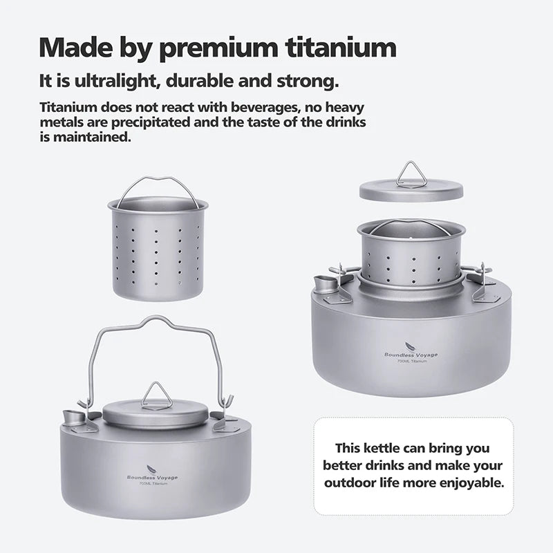 Boundless Voyage Titanium Camping Kettle – 700ml, Foldable Handle, Mesh Filter, Fast Boiling Ti3104D