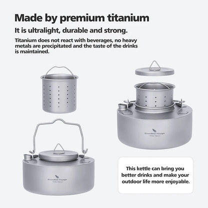 Boundless Voyage Titanium Camping Kettle – 700ml, Foldable Handle, Mesh Filter, Fast Boiling Ti3104D