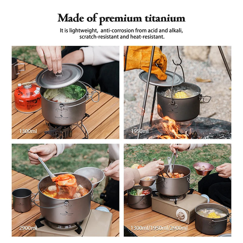 Boundless Voyage Titanium Pot Camping Cookware Hanging Soup Pot with Lid Outdoor Cooking Kit Lightweight Kitchen Ware Tableware Ti2045C