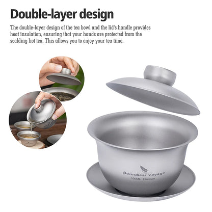 Boundless Voyage 100ml Titanium Gaiwan Traditional Chinese Kung Fu Tea Set with Lid Heat-Resistant Double-Walled Tea Bowl