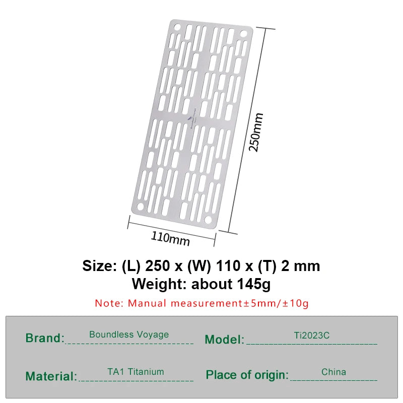 TA1 Pure Titanium Mini Grill Grid 250x110mm Ultralight 145g BBQ Plate With 4 Corner Holes Portable Outdoor Camping Backpacking