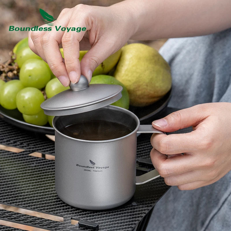 Boundless Voyage 360ml Titanium Camping Mug with Lid Lightweight Travel Coffee Tea Cup Portable Durable Single layer Dinking Mug Ti3023D